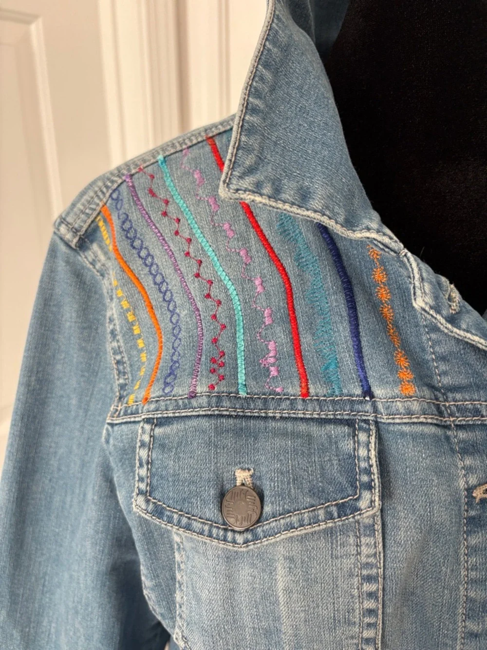 J. Jill Light Blue Denim Jacket with Multicolor Embroidered Yoke - Picture 4 of 13